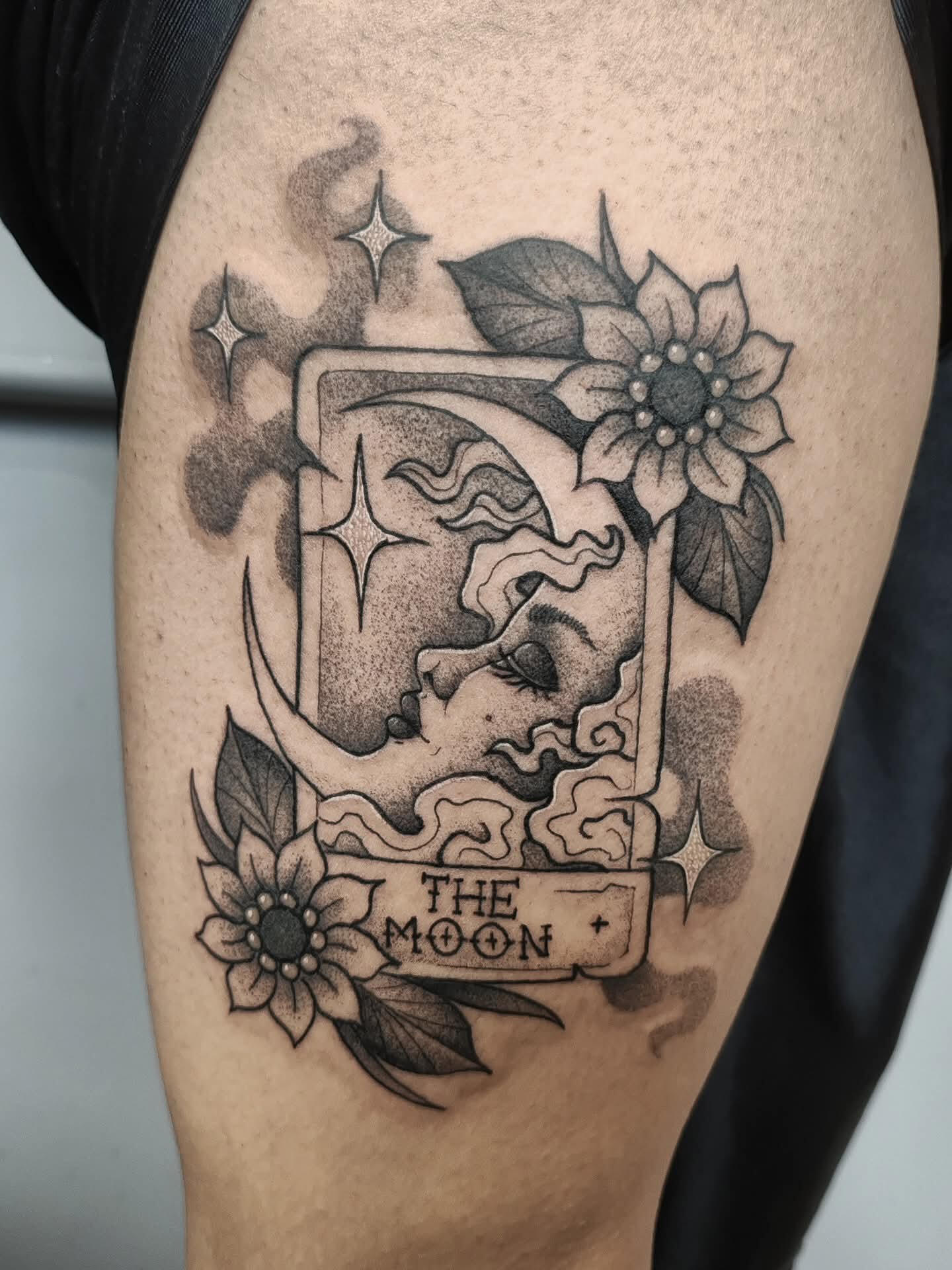Blackwork witchy tattoo of the moon tarot card
