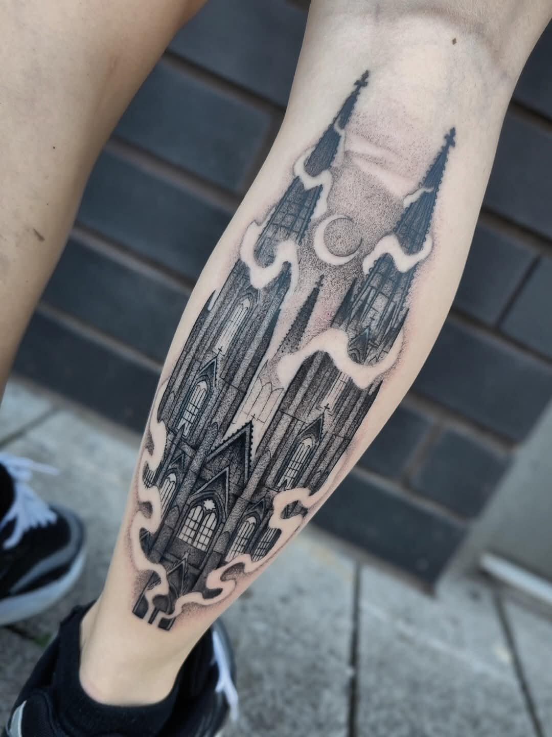 Blackwork gothic illustrative tattoo of cologne cathedral